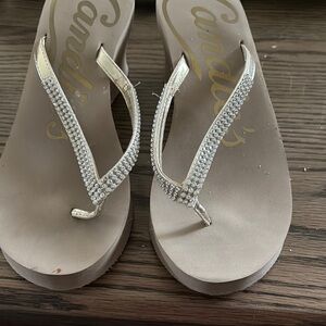 Candie's Silver Cream Sandals with Rhinestone Embellishments